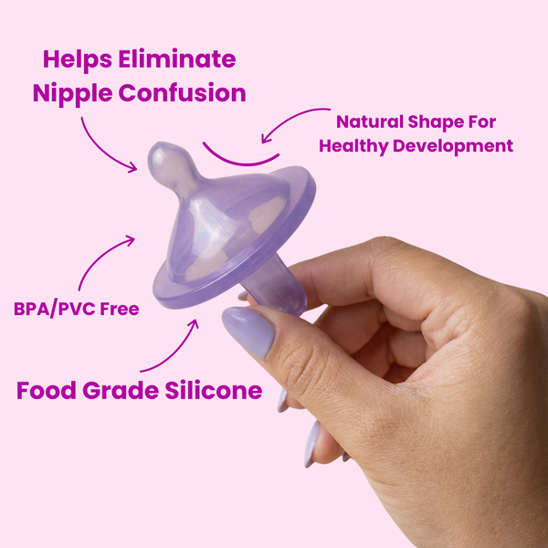 Purple baby pacifier held by a hand with text highlighting benefits on a pink background