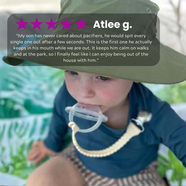 Child wearing a pacifier with a five-star rating text overlay