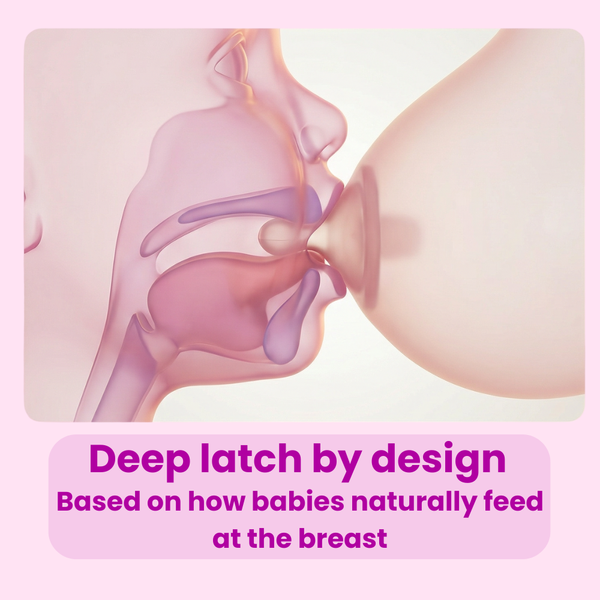 Illustration of a deep latch by design for breastfeeding on a pink background