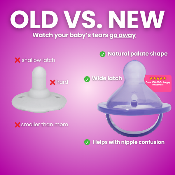 Comparison of old and new baby pacifiers with features highlighted on a purple background.